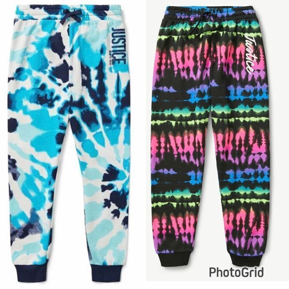 NWT 2 Justice Girls Sz M(10) Fleece Tie Dye Joggers Graphic Sweatpants